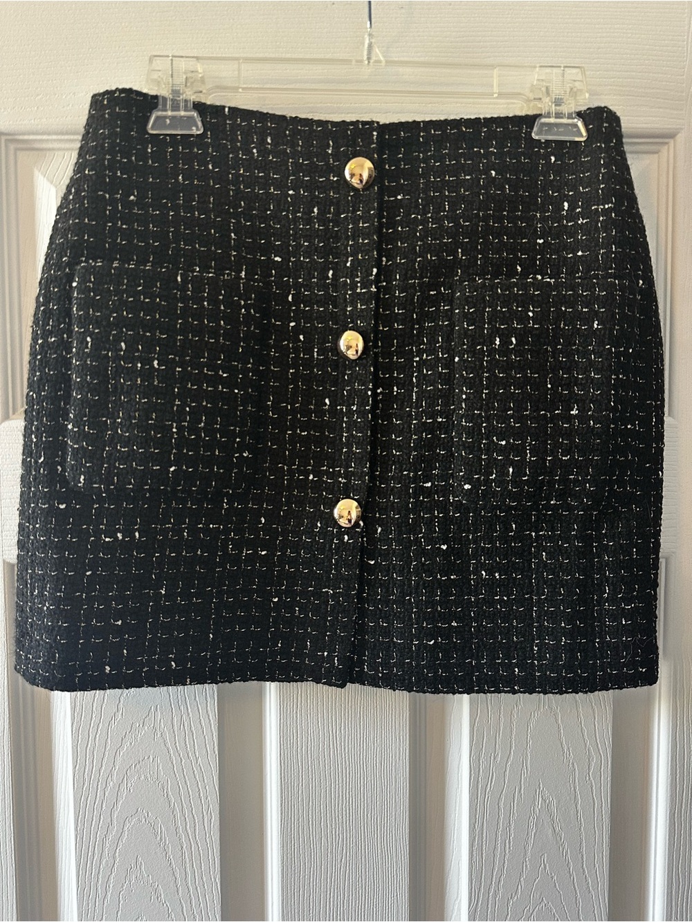 Classic Black Tweed Button-Front Mini Skirt